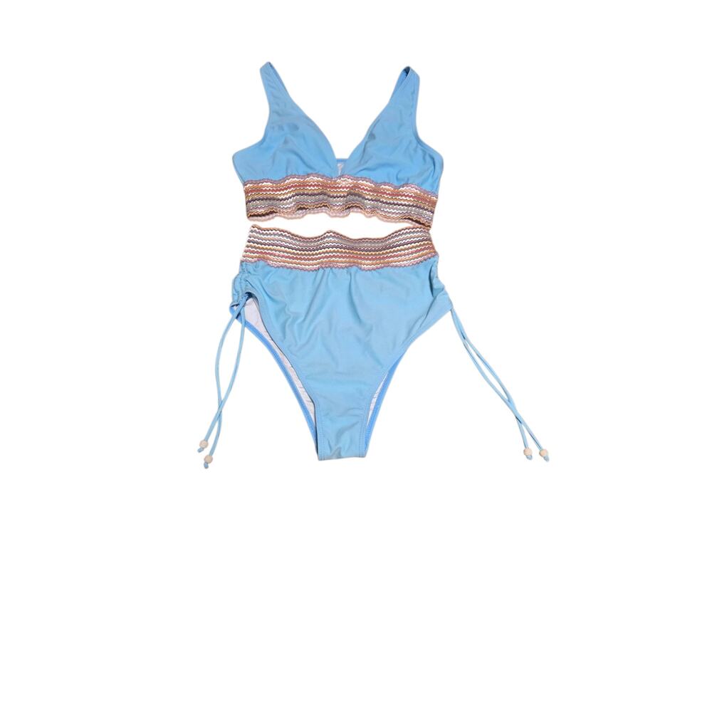 Blue and colorful striped bikini, size small